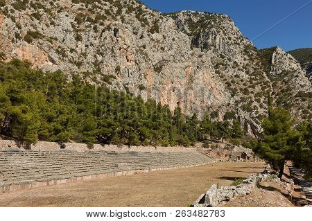 Delphi, Phocis - Greece. Panoramic View Of The Stadium Of Delphi. It Lies On The Highest Spot Of The