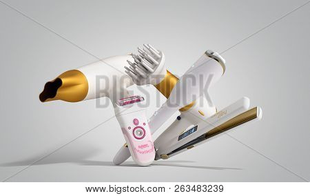 Set Of Equipment For Hair Care Hair Dryer, Epilator, Curling Iron, Hair Straightener 3d Render On Gr