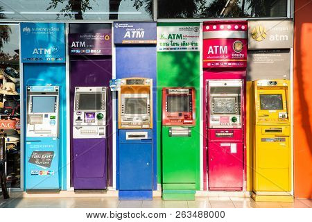 Nakhon Ratchasima, Thailand - October 10, 2018: Outdoor Atm Cash Machine Units Of Several Banks Loca