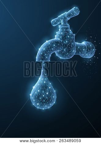 Tap. Abstract 3d Polygonal Wireframe Old Vintage Water Tap Isolated On Blue. Bathroom, Environment S