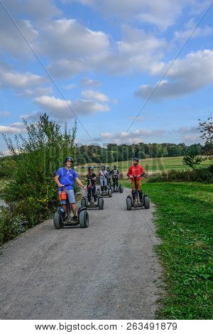 Hainault Country Park, Redbridge, Essex - October 5, 2018: Group Of People Out For A Drive On Sedgwa