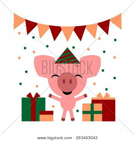 Vector Color Illustration Of Nice Pink Cartoon Pig With Gift Boxs On White Background. Flat Style De