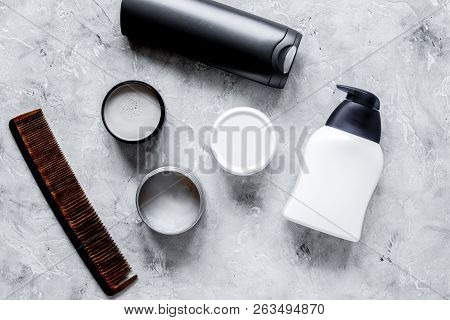Mens Cosmetics For Hair In Bottle Gray Background Top View
