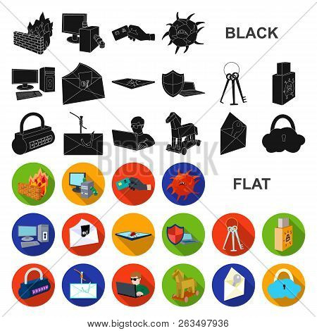 Hacker And Hacking Flat Icons In Set Collection For Design. Hacker And Equipment Vector Symbol Stock