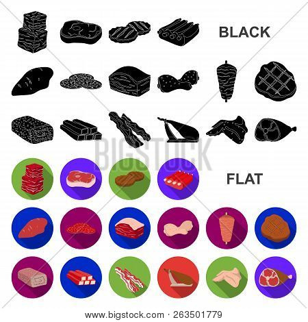 Different Meat Flat Icons In Set Collection For Design. Meat Product Vector Symbol Stock Web Illustr