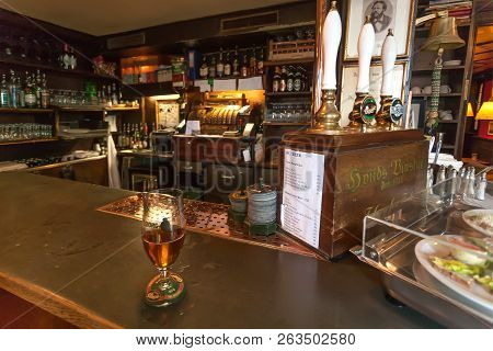 Copenhagen, Denmark - Sept 5: Bar Counter With Glass Of Beer, Vintage Interior, Classic Style Utensi