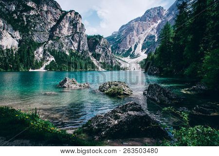 Beautiful View Of Lago Di Braies Or Pragser Wildsee, Trentino Alto Adidge, Dolomites Mountains, Ital