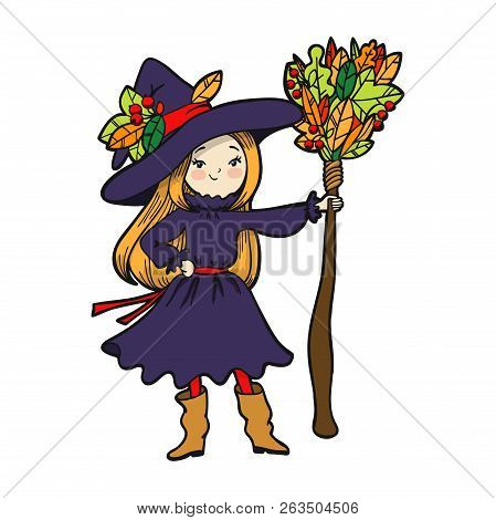 Cute Little Witch With A Broom. Vector Illustration.
