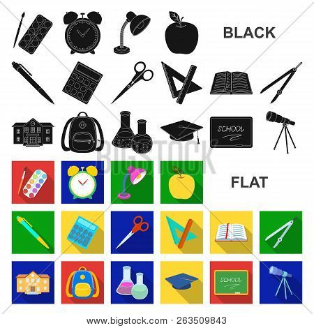 School And Education Flat Icons In Set Collection For Design.college, Equipment And Accessories Vect