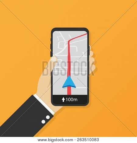 Mobile Phone Geo Location, Smartphone Gps Navigator City Map And Pin Road Pointer, Roadmap Direction