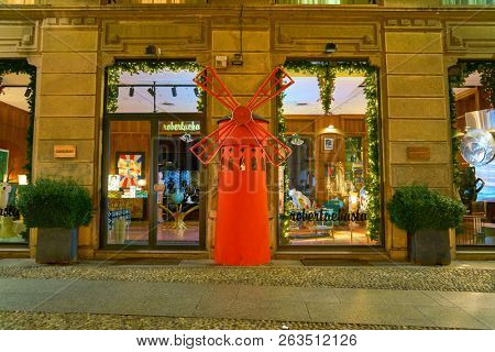 MILAN, ITALY - CIRCA NOVEMBER, 2017: Robertaebasta shop in Milan at nigh. Milan is a city in northern Italy.