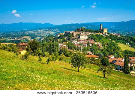 Poppi Medieval Village And Castle Panoramic View. Casentino Arezzo, Tuscany Italy Europe.