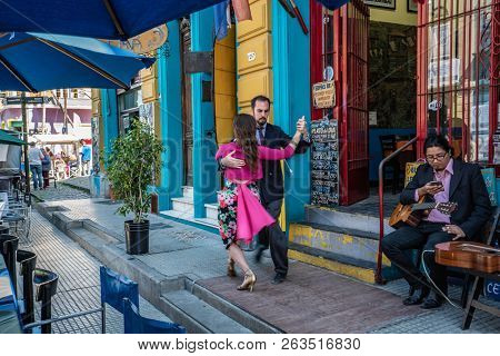 Buenos Aires, Argentina - 04 Octubre, 2018: tango in the tourist area of la boka in Argentina
