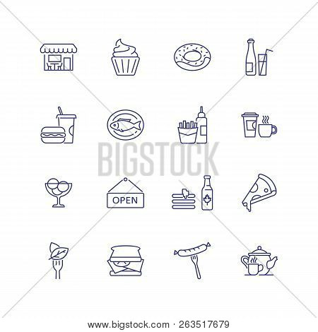 Fast Food Line Icon Set. Cupcake, Sausage, Fish. Eating Concept. Can Be Used For Topics Like Menu, C
