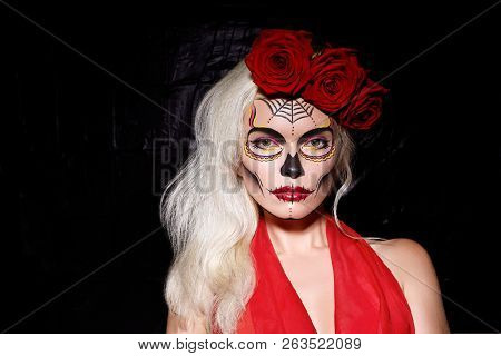 Beautiful Halloween Make-up Style. Blond Model Wear Sugar Skull Makeup With Red Roses, Pale Skin Ton