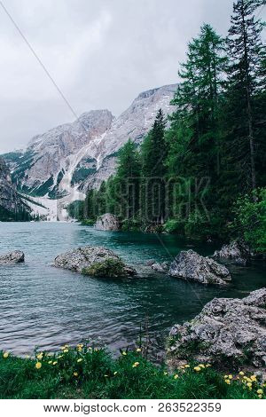 Beautiful View Of Lago Di Braies Or Pragser Wildsee, Trentino Alto Adidge, Dolomites Mountains, Ital