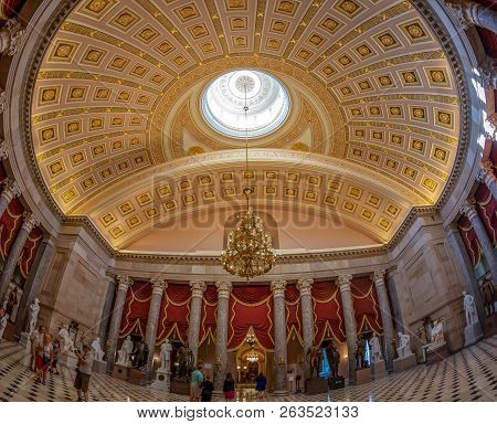Washington Dc, Usa - September 4, 2018: Large Angle View At Interior Of Statuary Hall In The Us Capi