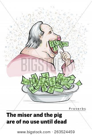 Series Of Postcards With A Piglet. Proverbs And Sayings Per Month. The Miser And The Pig Are Of No U