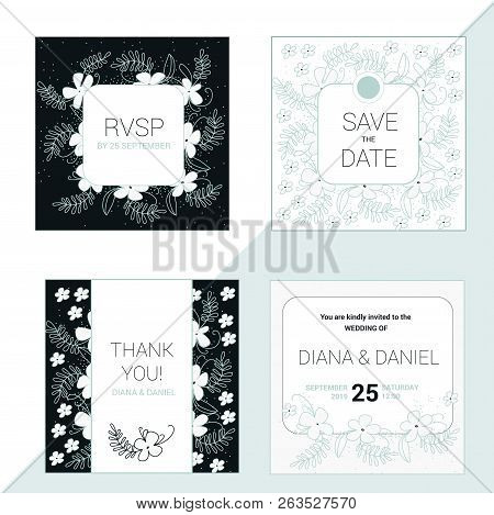 Set Of 4 Wedding Pale Green Invitation Cards. Square Layout Templates.