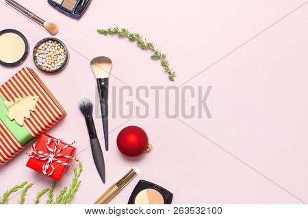 Various Cosmetic Products For Make-up, Blusher, Powder, Brushes, Lipstick, Eyeshadow And Christmas G