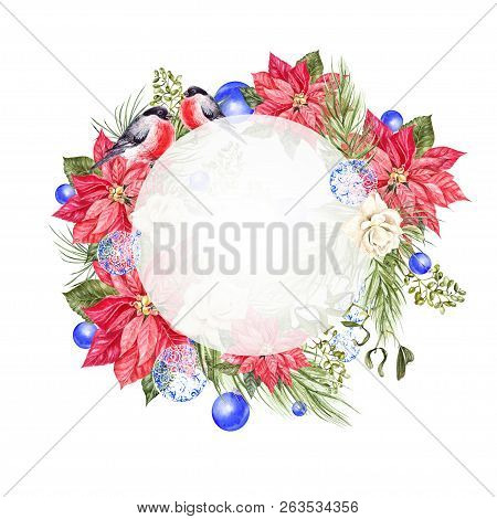 Watercolor Christmas Wreath With Toys, Bow, Berries And Pine. Illustration For Greeting Cards And In