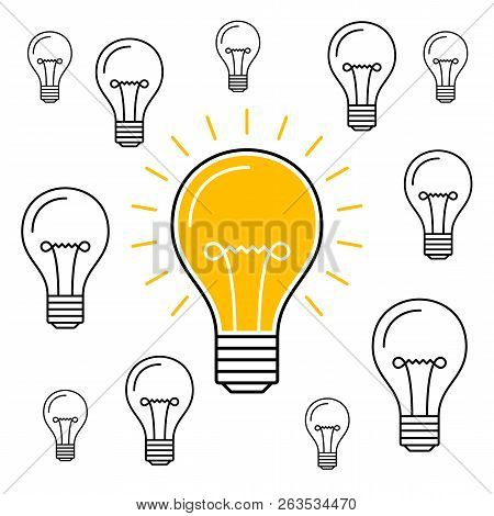 One Lit Bulb Among Unlit Bulbs, New Idea Business Illustration
