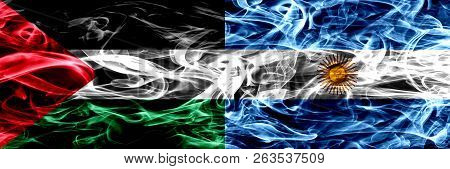 Palestine Vs Argentina, Argentinian Smoke Flags Placed Side By Side. Thick Colored Silky Smoke Flags