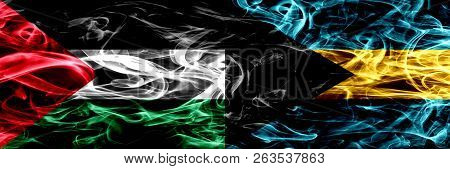 Palestine Vs Bahamas, Bahamian Smoke Flags Placed Side By Side. Thick Colored Silky Smoke Flags Of P
