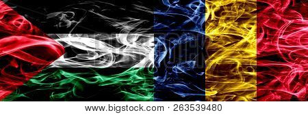 Palestine Vs Chad, Chadian Smoke Flags Placed Side By Side. Thick Colored Silky Smoke Flags Of Pales