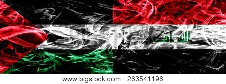 Palestine Vs Iraq, Iraqi Smoke Flags Placed Side By Side. Thick Colored Silky Smoke Flags Of Palesti