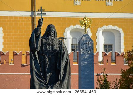Moscow, Russia - 16 October, 2018: Monument to Patriarch Hermogenes of Moscow in the Alexander Garde