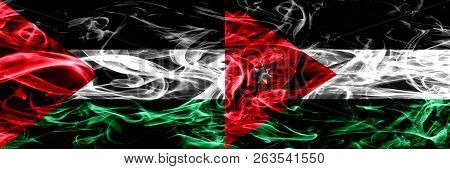 Palestine Vs Jordan, Jordanian Smoke Flags Placed Side By Side. Thick Colored Silky Smoke Flags Of P