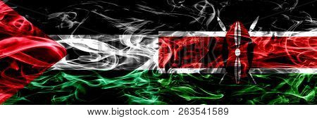 Palestine Vs Kenya, Kenyan Smoke Flags Placed Side By Side. Thick Colored Silky Smoke Flags Of Pales