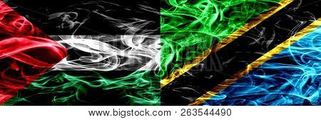 Palestine Vs Tanzania, Tanzanian Smoke Flags Placed Side By Side. Thick Colored Silky Smoke Flags Of