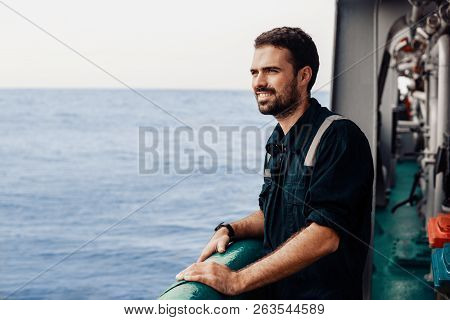 Marine Deck Officer Or Chief Mate On Deck Of Vessel Or Ship