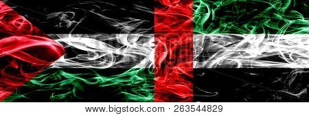 Palestine Vs United Arab Emirates, Emirati Smoke Flags Placed Side By Side. Thick Colored Silky Smok