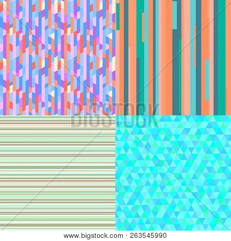 Set Of Seamless Colored Patterns. Pretty Bright Colors. Abstract Triangle Wallpaper Of The Surface. 