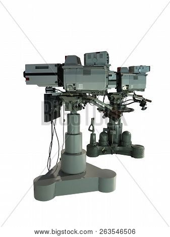 Tv Professional Studio Digital Video Camera On Tripod Isolated Over White Background