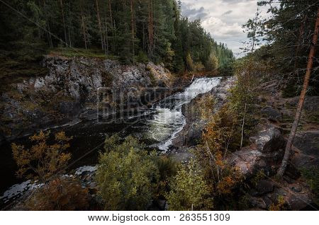 Waterfall Kivach On The River Suna In The Republic Of Karelia. A Fast Mountain River In The Northern