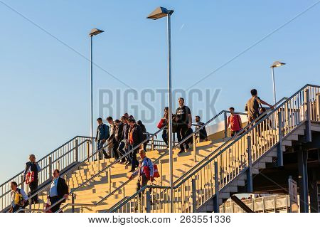 Cologne, Germany - September 27, 2018: Unidentified People Walking Down Stairs At The Koelnmesse. It