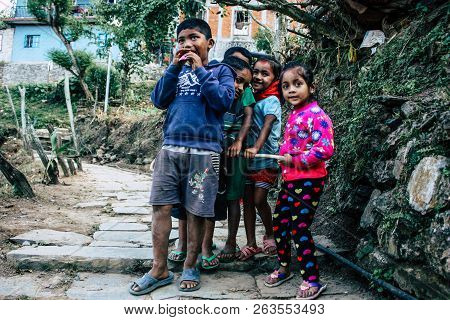 Bandipur Nepal October  15, 2018 Closeup Of Young Children Playing And Having Fun Together In Bandip