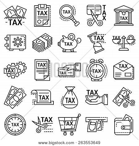 Taxes Icon Set. Outline Set Of Taxes Vector Icons For Web Design Isolated On White Background