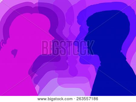 Interaction Of Genders. Male And Female Profile, The Concept Of Communication. Attraction Between A 