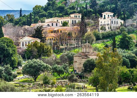 Ancient Agora Market Place Fields Byzantine Church Of Holy Apostles Solaki Acropolis Athens Greece. 