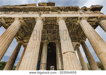 Ancient Temple Of Hephaestus Columns Agora Market Place Athens Greece. Agora Founded 6th Century Bc.