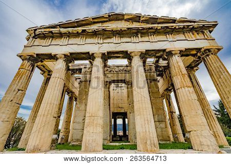 Ancient Temple Of Hephaestus Columns Agora Market Place Athens Greece. Agora Founded 6th Century Bc.