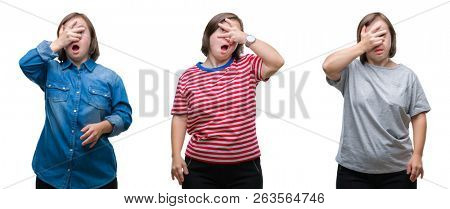 Collage of down sydrome woman over isolated background peeking in shock covering face and eyes with hand, looking through fingers with embarrassed expression.