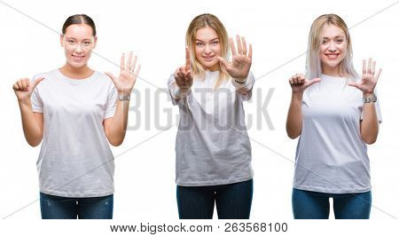 Collage of group of young women wearing white t-shirt over isolated background showing and pointing up with fingers number six while smiling confident and happy.