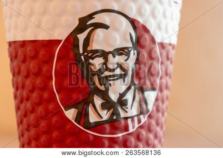 Moscow, Russia, October 11, 2018: Coffee in paper cups with KFC logo on the table at KFC