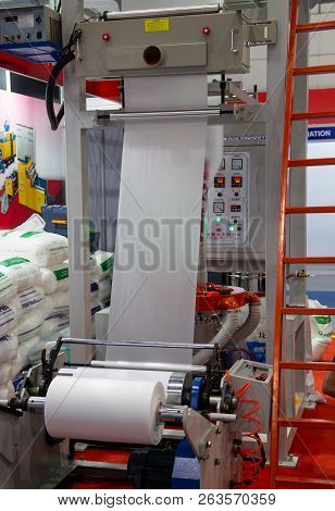 Bangkok, Thailand - September 19, 2018: Blow Film Extrusion For Plastic Bag Display In A-plas 2018